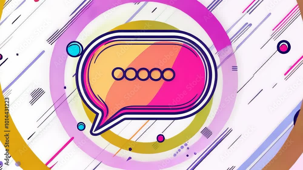 Poster a colorful speech bubble with five dots sits in the middle of a pattern of circles and lines