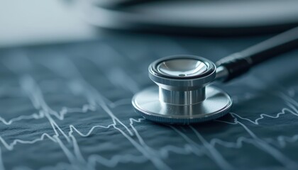 Stethoscope on an electrocardiogram, symbolizing healthcare and medical examination.