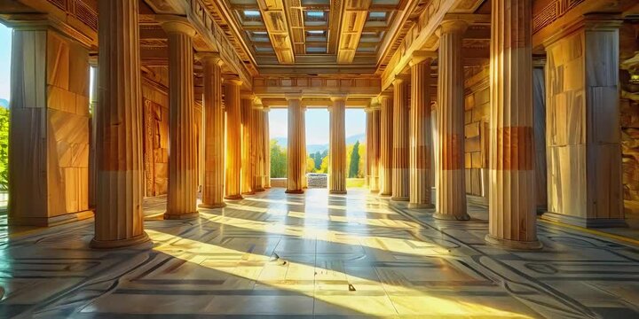 Ancient Greek architecture featuring pillars and classical interior.