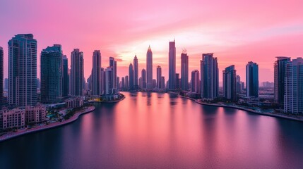 Fototapeta premium Stunning skyline at sunset with skyscrapers reflected in calm water, vibrant colors illuminating the cityscape.