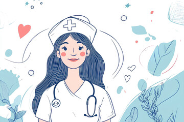Obraz premium Happy Nurse Day simple vector web banner, background. Nurse day lettering. One continuous line drawing