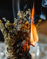 Black candle with herbs, wormwood, St. John's wort., tools for ritual concept photo. Dark witch...