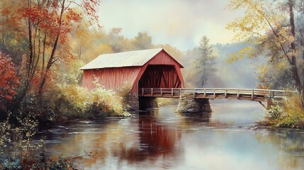 Red Covered Bridge in an Autumn Forest.