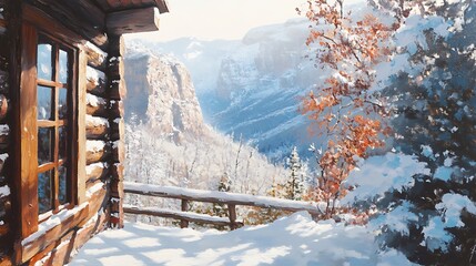 Cabin in the Winter Mountains.