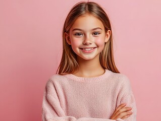Fototapeta premium Smiling Teenage Girl in Trendy Sweater Against Pink Background