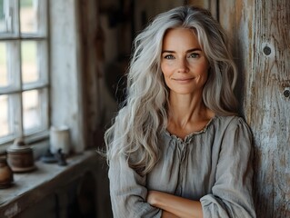 Fototapeta premium Mature Woman in Casual Dress Against Rustic Background