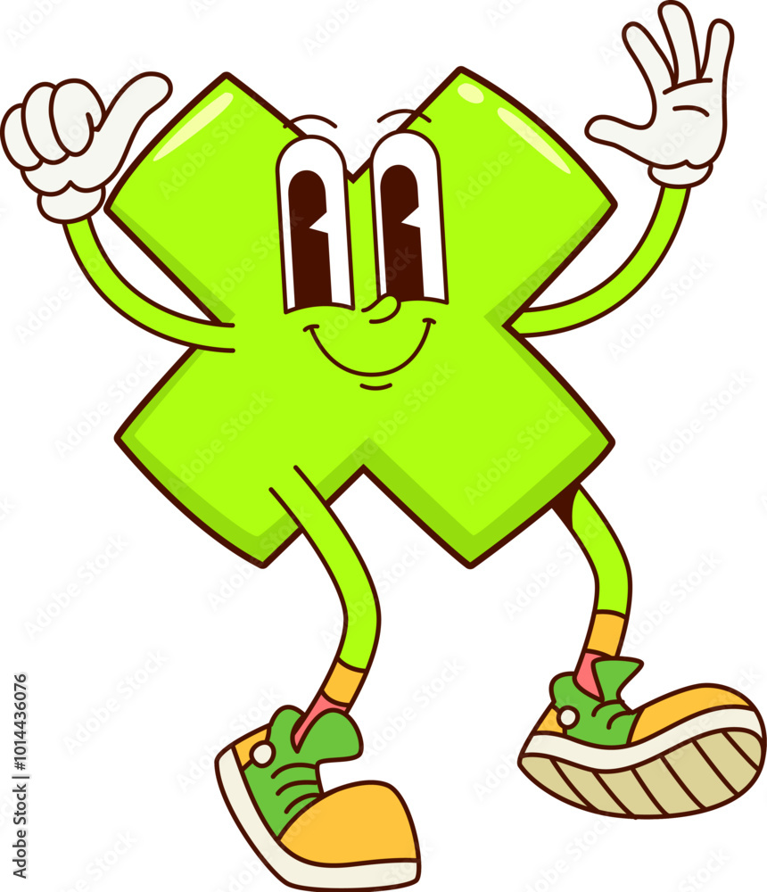 Poster cartoon groovy math number multiplication sign character. isolated vector funny whimsical cross symb