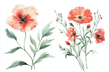 Obraz premium Set of vintage watercolor floral paintings featuring wildflowers and leaves, ideal for posters, greeting cards, or birthday cards