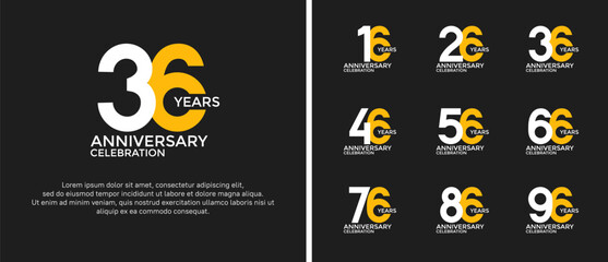 set of anniversary logo flat white and yellow color on black background for celebration moment