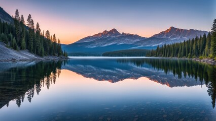 Serene lake reflecting mountains at dawn with vibrant colors and tranquil atmosphere.
