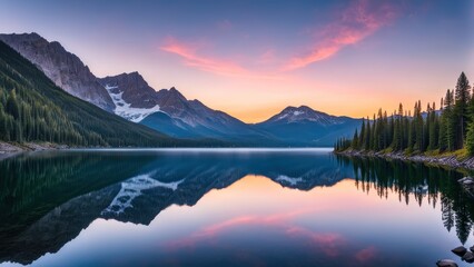 Fototapeta premium Serene lake reflecting mountains and colorful sky at sunset.