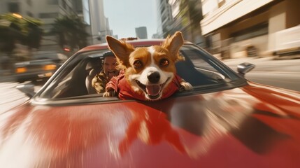 A dog dressed as a famous movie character, trying to fit into a tiny car during a high-speed chase, complete with dramatic music notes