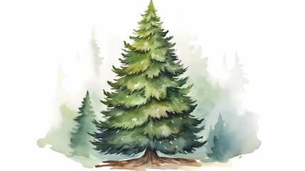 Fototapeta premium Serene watercolor illustration of evergreen trees in a misty forest setting.