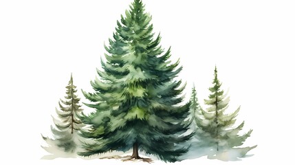 Obraz premium Serene watercolor illustration of evergreen trees in a misty forest setting.