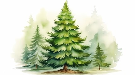 Obraz premium Serene watercolor illustration of evergreen trees in a misty forest setting.