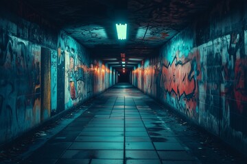 Fototapeta premium An urban tunnel in the city adorned with graffiti, features a dark corridor illuminated by light