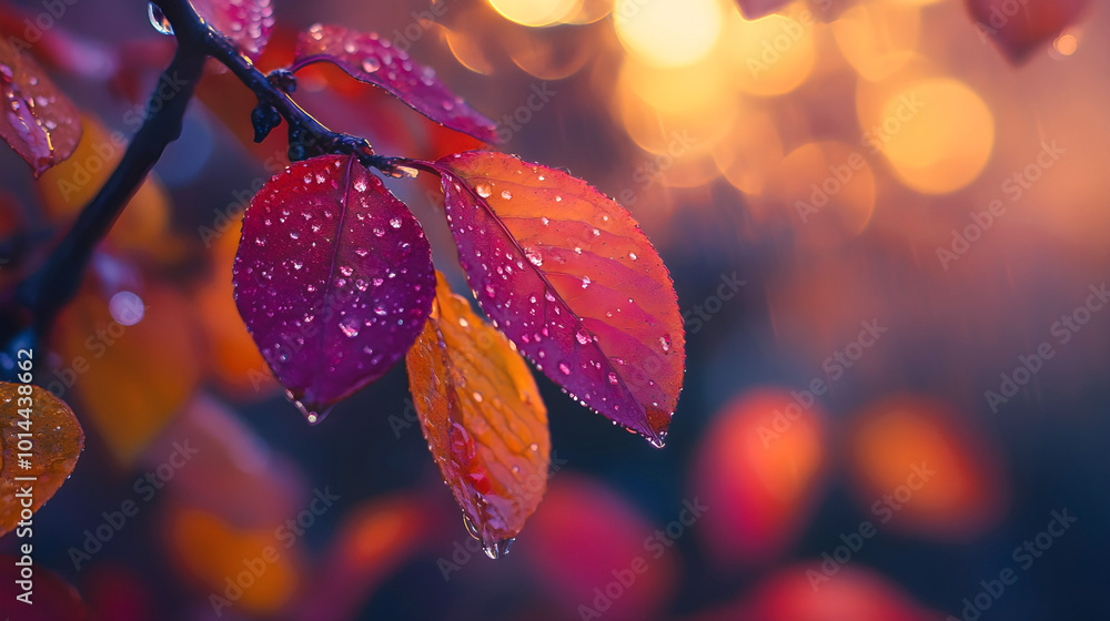 Poster close-up of colorful autumn leaves covered in raindrops with a soft bokeh background glowing in warm