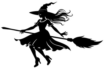  Hallowing  beautiful lady broom silhouette vector art illustration