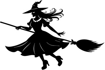  Hallowing  beautiful lady broom silhouette vector art illustration