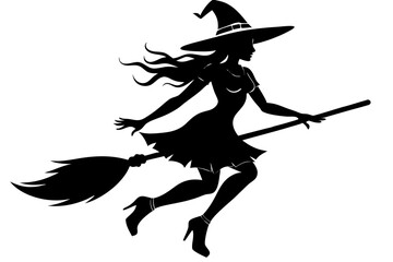  Hallowing  beautiful lady broom silhouette vector art illustration