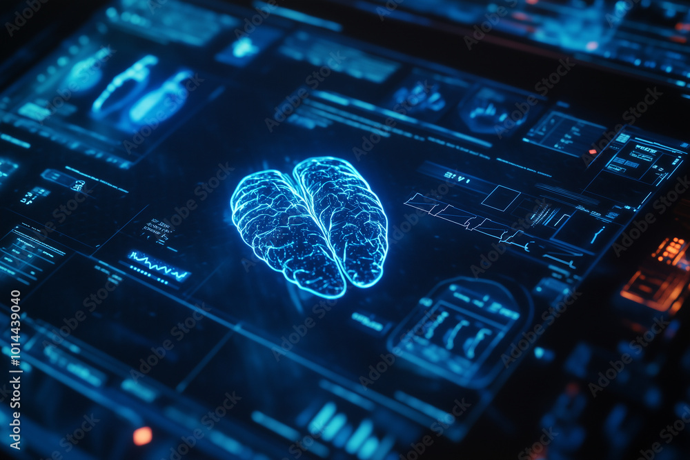 Poster virtual hologram interface concept representing future healthcare innovations, with a modern and tec