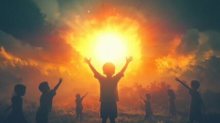 An artistic, glowing sunrise over a silhouette of children reaching towards the light. v2