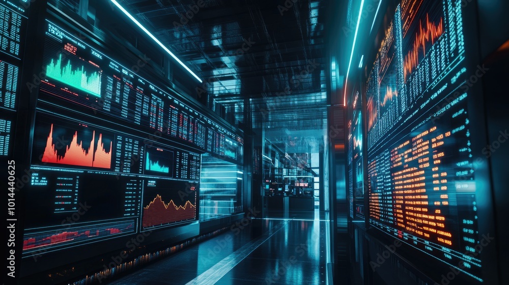 Aufkleber a dynamic stock market scene with screens displaying rising and falling graphs, reflecting the fast-