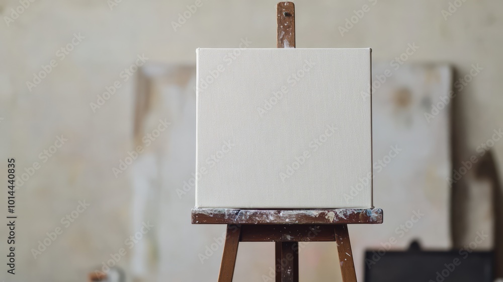 Poster blank canvas on easel: a pristine, blank canvas sits invitingly on a rustic wooden easel, ready for 