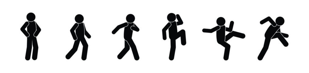 stick figure man silhouette, stickman icon, people pictogram set, human poses and gestures