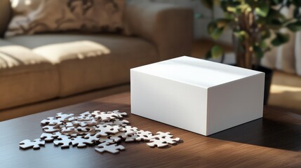 A mockup of a blank puzzle box, set next to an unfinished puzzle on a coffee table, ideal for family and entertainment marketing