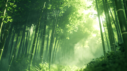 Obraz premium Lush Green Bamboo Forest Under Soft Sunlight With Misty Atmosphere in Early Morning. Generative AI
