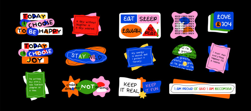 Affirmation sticker pack. set of Self-motivation sticker. Set of cool sticker pack vector illustration. Cool patches pack. Daily work affirmation sticker. Quote stickers