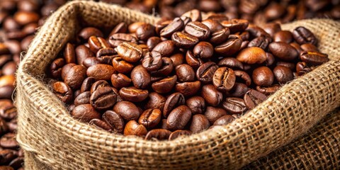 Fototapeta premium Savor fresh roasted coffee beans in a burlap sack—ideal for coffee aficionados, gourmet lovers, and adding rustic charm