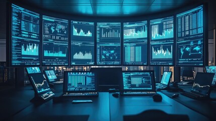 A high-tech control room with multiple screens displaying real-time economic data, robotics performance, and computer information systems