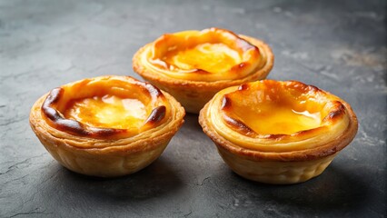 Obraz premium Savor the taste of Portugal with three golden Pasteis de nata, rich custard pies beautifully displayed on a