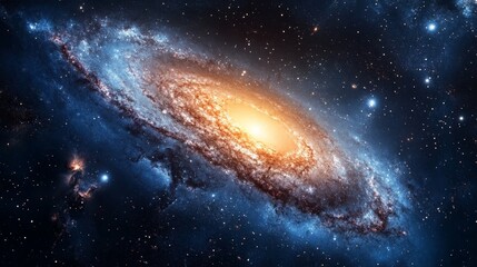 Fototapeta premium Vibrant Spiral Galaxy, a stunning view of a swirling galaxy with glowing core, surrounded by shimmering stars and deep cosmic blues against the vast blackness of space.