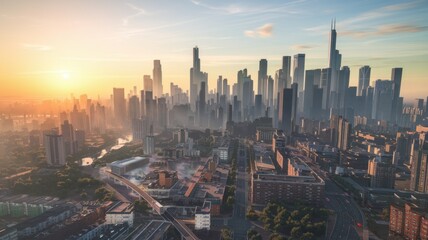 Obraz premium An aerial view of the skyscrapers in the heart of the business district as the sun sets behind them in Shenzhen, China.