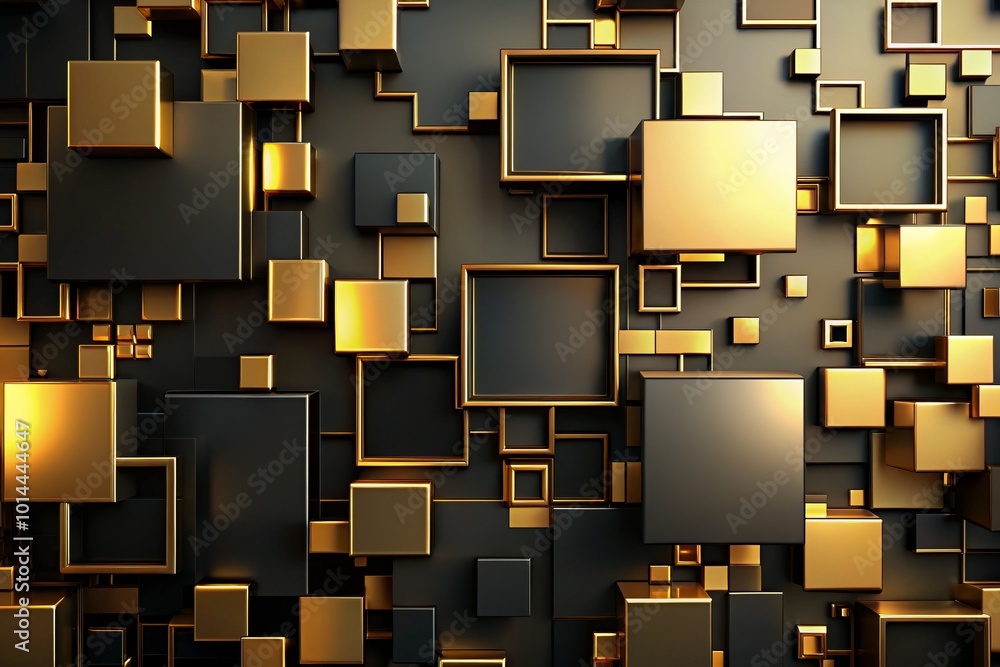 Poster sophisticated background featuring an abstract blend of black and gold squares and rectangles in var