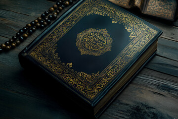 Fototapeta premium Holy Al Quran with written arabic calligraphy meaning of Al Quran and tasbih or rosary beads on black background