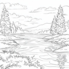 A beautiful sunset over a tranquil lake, coloring page for kids, simple outline illustration. Coloring book, simple lines.