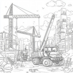 Obraz premium A busy construction site with heavy machinery, coloring page for kids, simple outline illustration. Coloring book, simple lines.