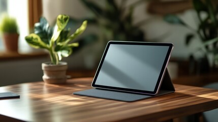 Tablet on Wooden Desk: Sunlit Workspace 