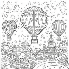 A colorful hot air balloon festival, coloring page for kids, simple outline illustration. Coloring book, simple lines.