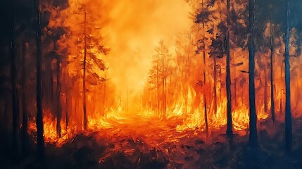 Forest Fire - A Powerful and Dramatic Painting of Nature's Fury.
