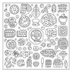 A delightful summer picnic with food and games, coloring page for kids, simple outline illustration. Coloring book, simple lines.