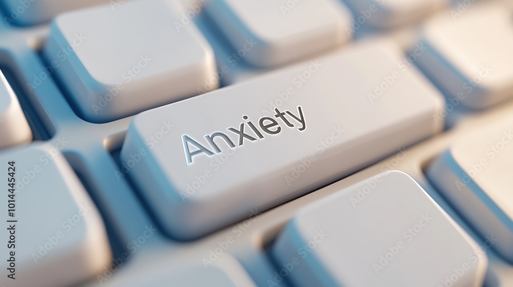 Poster a close up of a computer keyboard with the word anxiety on it, ai