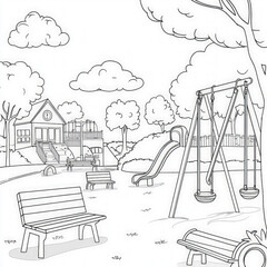 A vibrant playground with swings and slides, coloring page for kids, simple outline illustration. Coloring book, simple lines.
