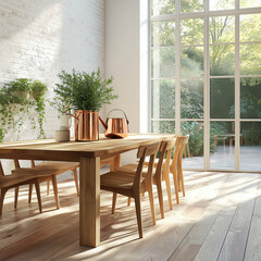 Fototapeta premium A wooden dining table with chairs and a copper watering can on it, in front of large windows overlooking the garden. The walls are light white, and bright sunlight streams through