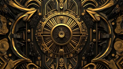 Naklejka premium Ornate Golden Sunburst, intricate design featuring a prominent central sun motif surrounded by elaborate textures and patterns, evoking a sense of grandeur and opulence.