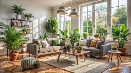 Stylish interior design enhances your living room, creating a cozy, inviting space filled with beautiful house plants